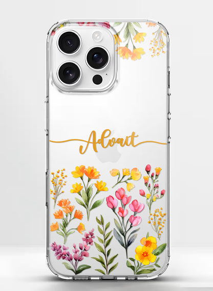 Custom name Advait printed on clear silicone phone cover with colorful wildflower meadow design
