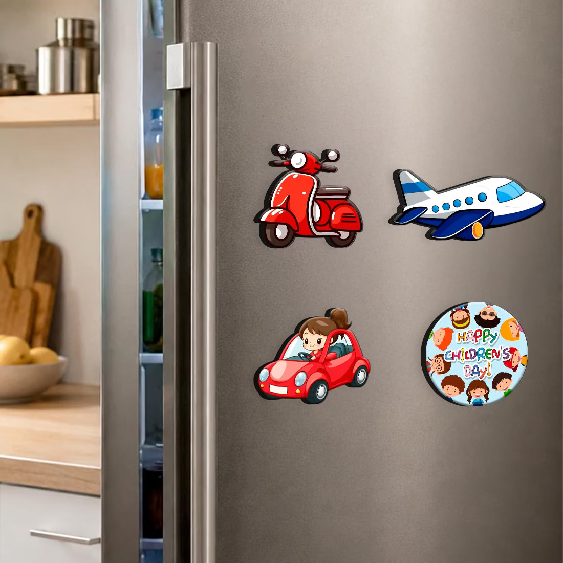 Children's Day vehicle theme MDF fridge magnet set of 4 with scooter, aeroplane and car designs – Fashionury