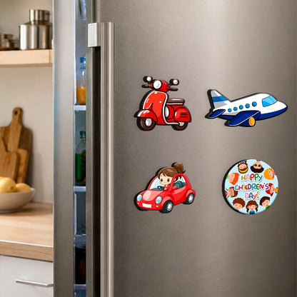 Children's Day vehicle theme MDF fridge magnet set of 4 with scooter, aeroplane and car designs – Fashionury