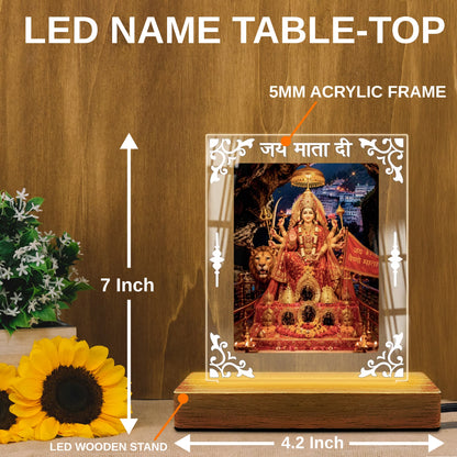 Mata Vaishno Devi acrylic LED table lamp with Jai Mata Di design and warm glow on wooden stand – Fashionury