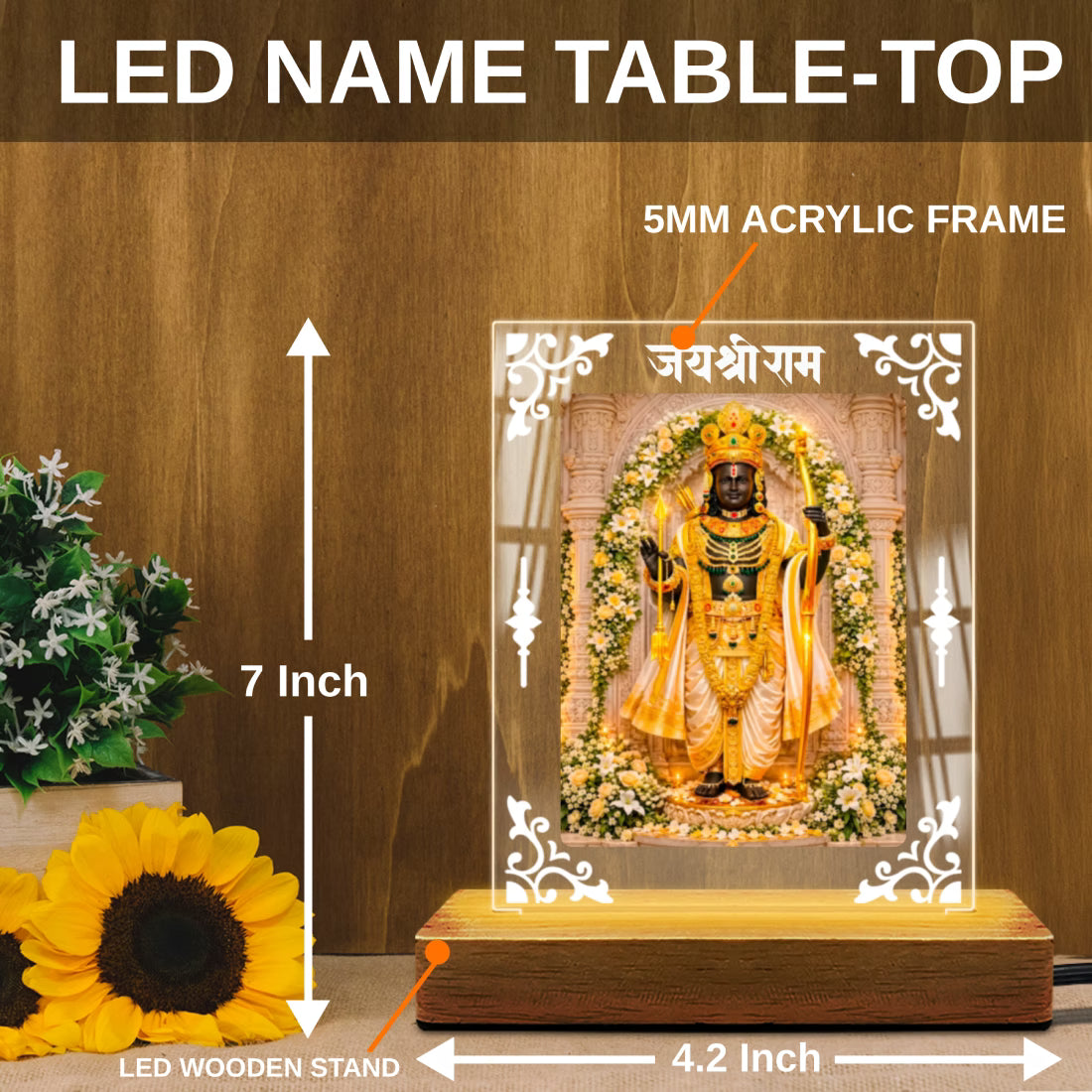 Ram Lalla Ayodhya acrylic LED table lamp with Jai Shri Ram design and warm glow on wooden stand – Fashionury