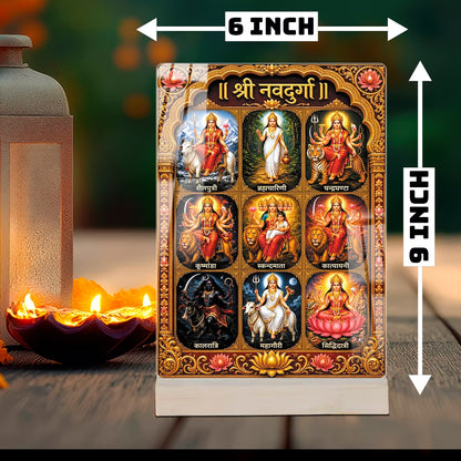 Shri Navdurga acrylic tabletop frame showing nine forms of Maa Durga with golden border and wooden base – Fashionury