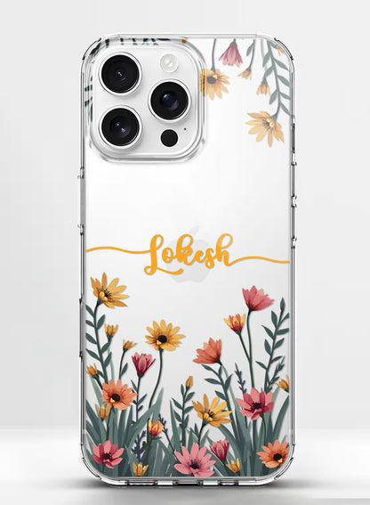 Custom name Lokesh printed on clear silicone phone cover with wildflower field border design