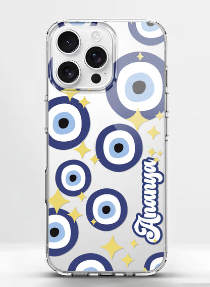 Custom name Ananya printed on clear silicone phone cover with blue evil eye pattern design