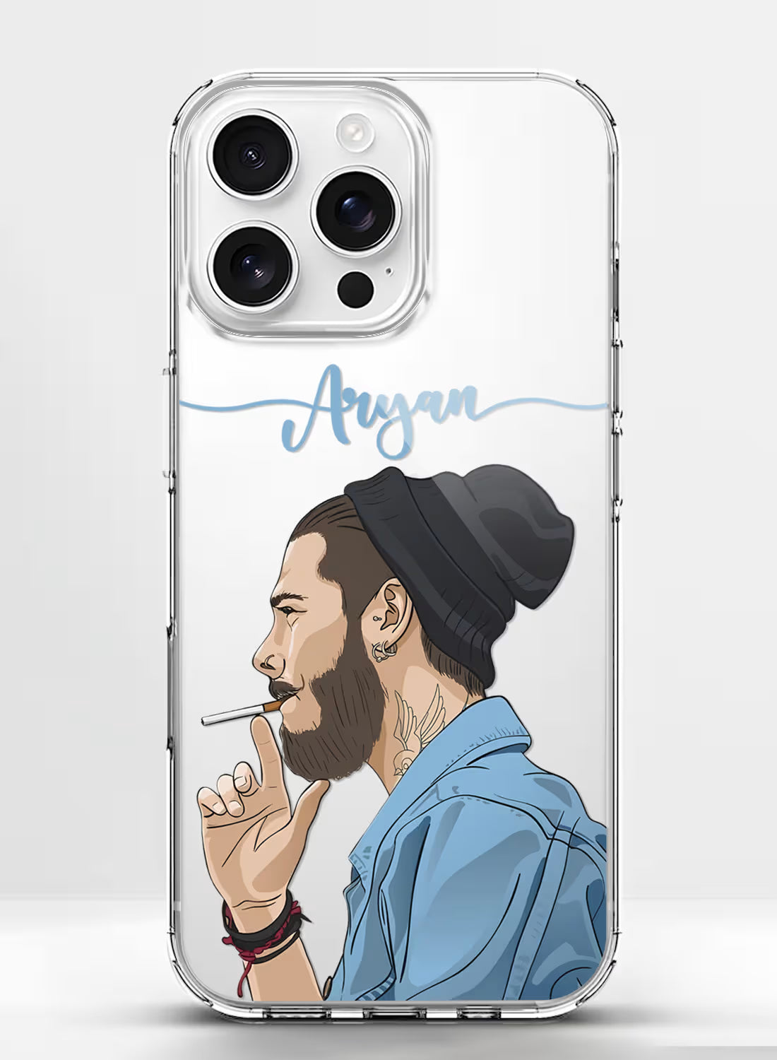 Custom name Aryan printed on clear silicone phone cover with bearded beanie boy design