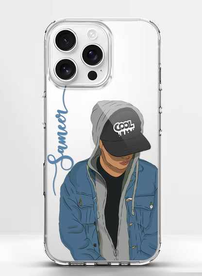 Custom name Sameer printed on clear silicone phone cover with streetwear cap boy design