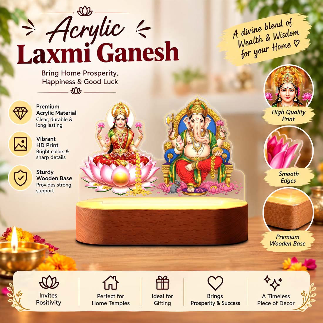 Lakshmi Ganesha acrylic LED lamp with rechargeable wireless wooden base and warm glow – Diwali pooja decor by Fashionury