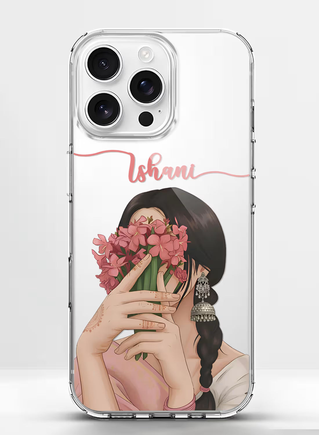 Desi Girl custom name silicone mobile cover with floral aesthetic illustration