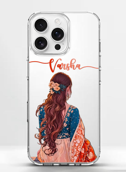 Custom name Varsha printed on clear silicone phone cover with floral hair ethnic girl design