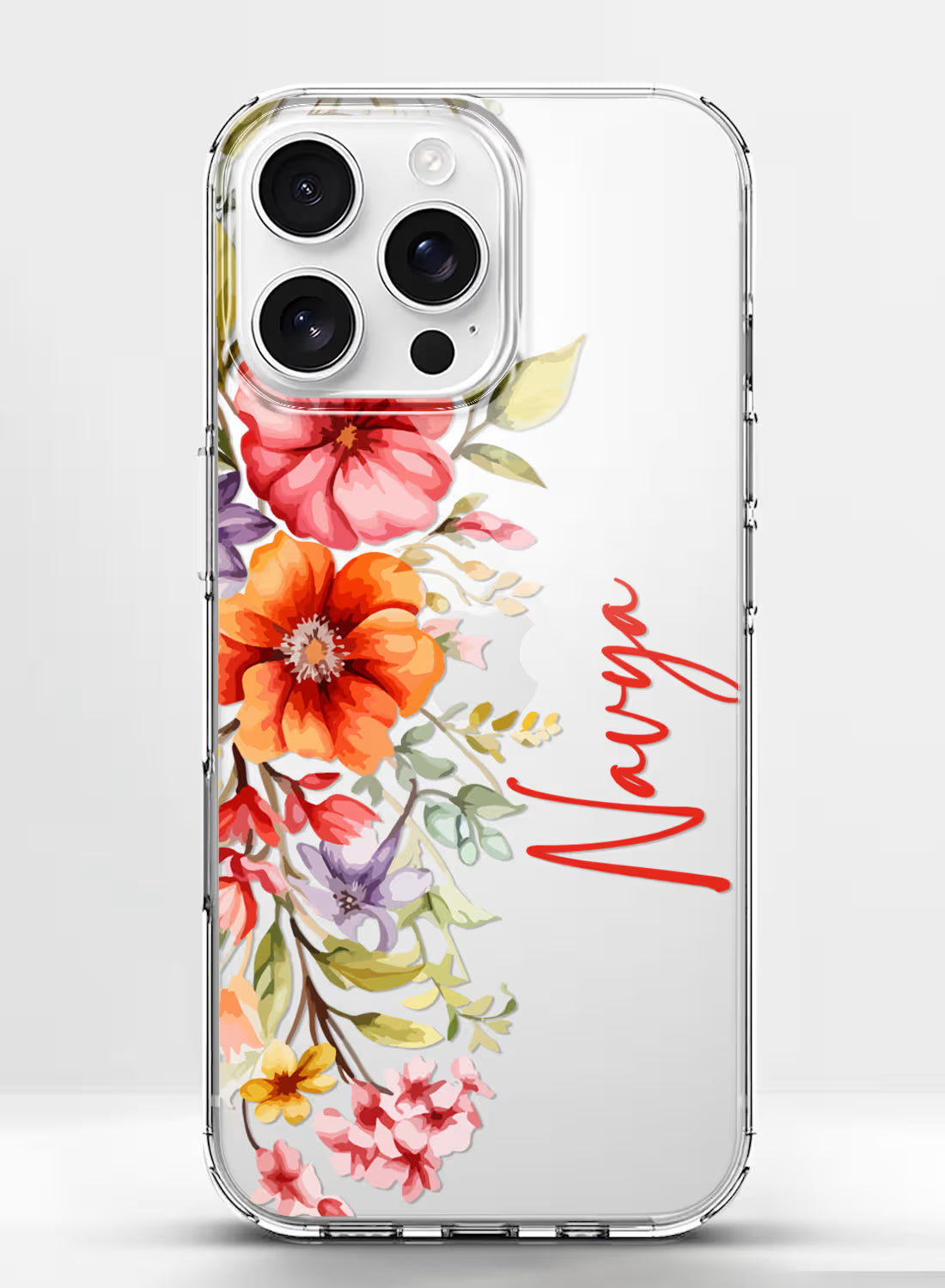 Custom name Navya printed on clear silicone phone cover with watercolor floral bouquet design