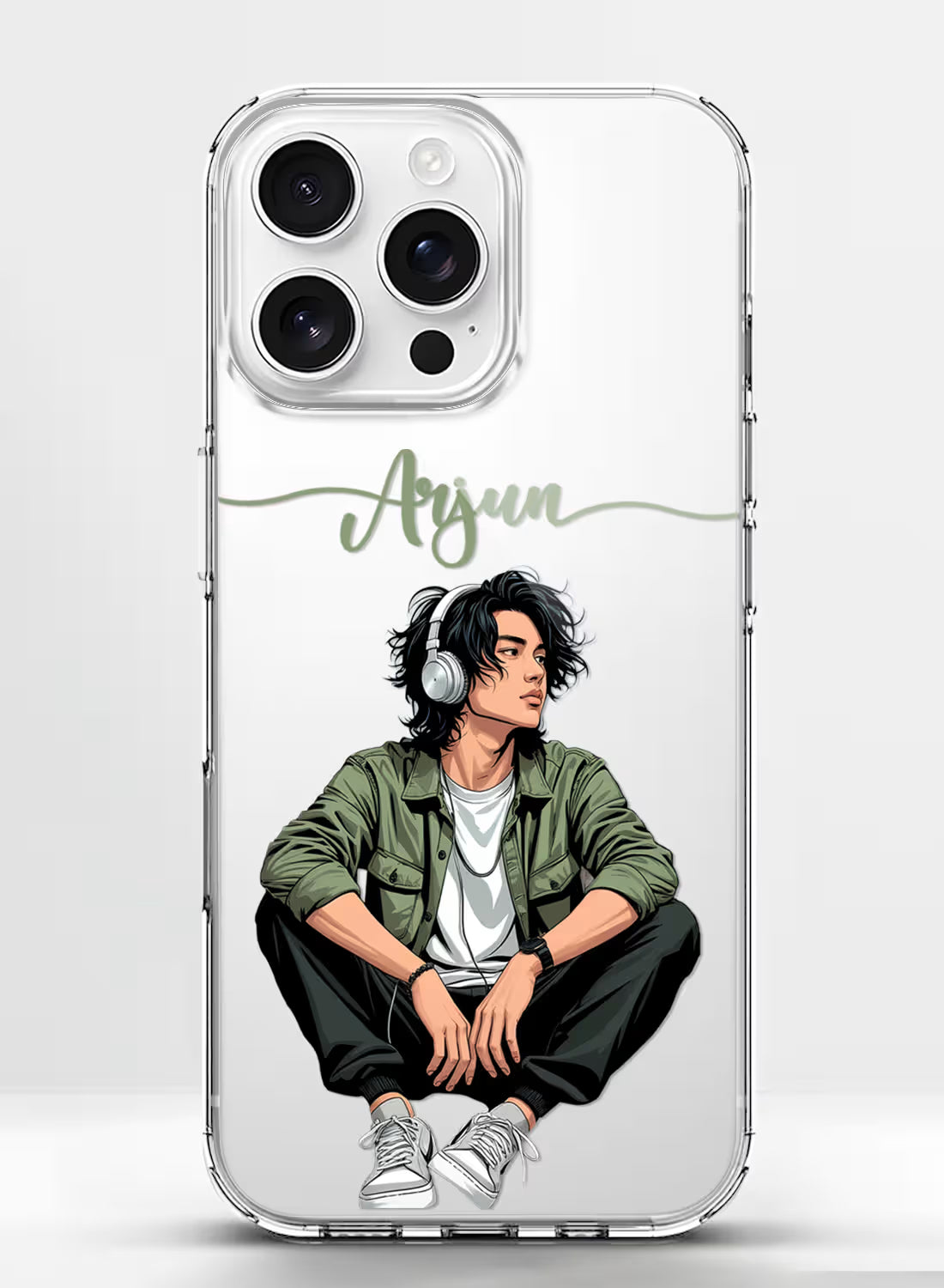 Custom name Arjun printed on clear silicone phone cover with boy wearing headphones design