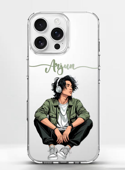 Custom name Arjun printed on clear silicone phone cover with boy wearing headphones design