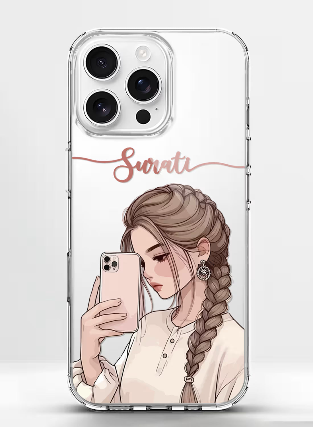 Custom name Swati printed in rose gold cursive on a clear silicone phone case with an illustration of a woman with a side braid holding a phone.