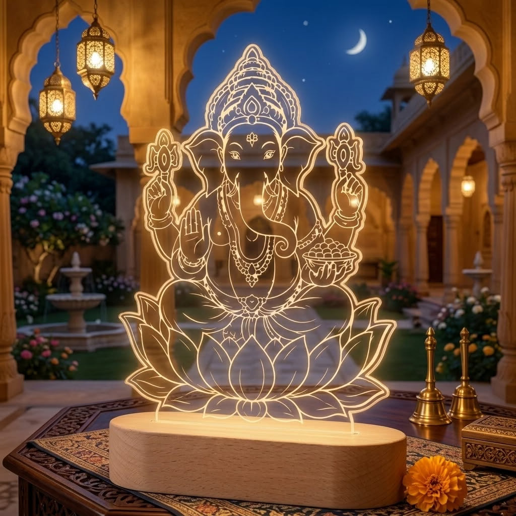 Lord Ganesha on lotus UV printed acrylic LED lamp with warm glow and rechargeable wireless wooden base – Fashionury