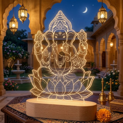 Lord Ganesha on lotus UV printed acrylic LED lamp with warm glow and rechargeable wireless wooden base – Fashionury