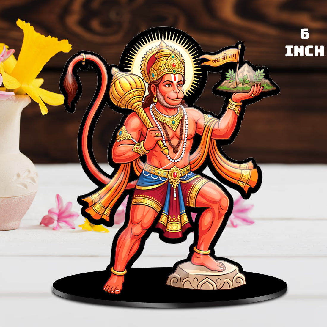 Lord Hanuman acrylic standee with Sanjeevani Parvat and Jai Shri Ram flag on black base – Fashionury
