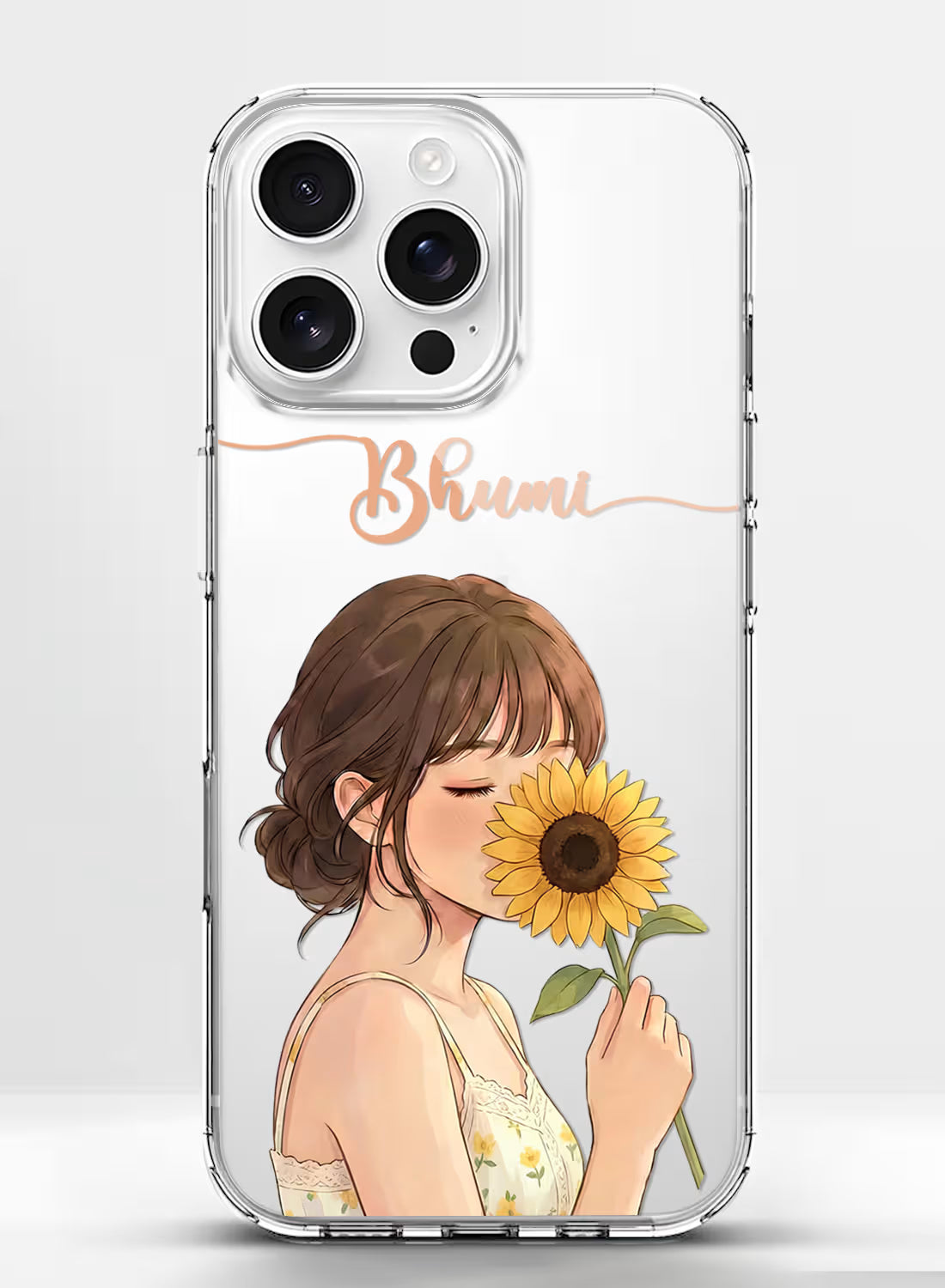 Custom clear silicone phone cover with anime girl holding sunflower and personalized script name text design
