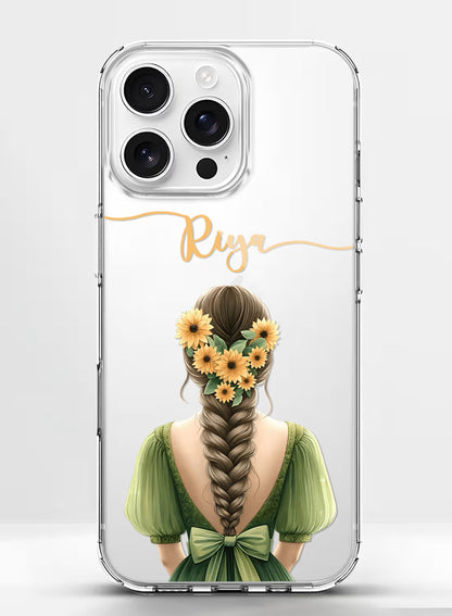 Custom UV-printed clear silicone phone cover with girl in green dress, sunflower braid and script name text design