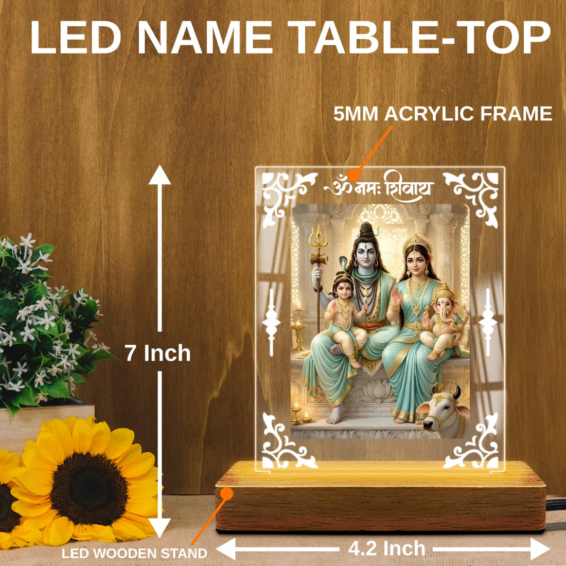 Shiv Parivar acrylic LED table lamp with Om Namah Shivay design and warm glow on wooden stand – Fashionury
