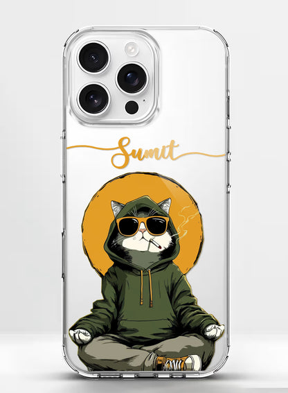 Custom clear silicone phone cover featuring a street art illustration of a cat wearing sunglasses and a green hoodie, sitting cross-legged and holding a smoking cigarette.