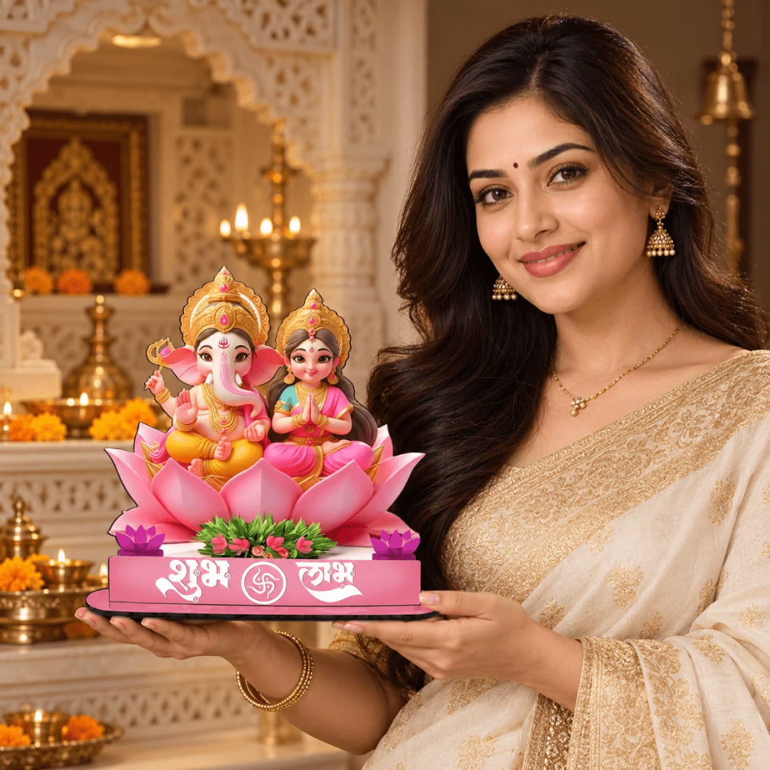 Shubh Labh Lakshmi Ganesha MDF standee on pink lotus with cut-out base – Diwali decor by Fashionury