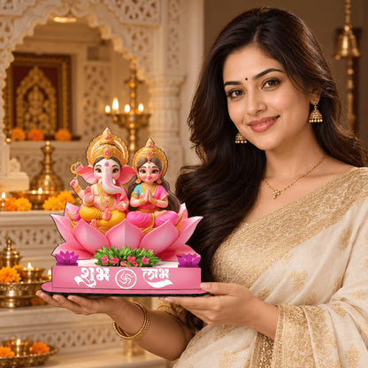 Shubh Labh Lakshmi Ganesha MDF standee on pink lotus with cut-out base – Diwali decor by Fashionury