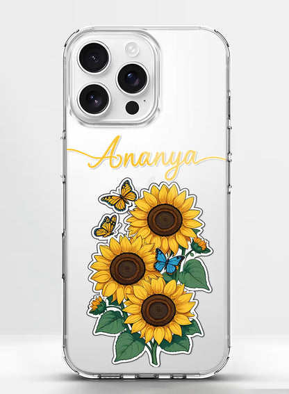 Custom name Ananya printed in golden script on clear silicone phone cover with sunflower and butterfly design
