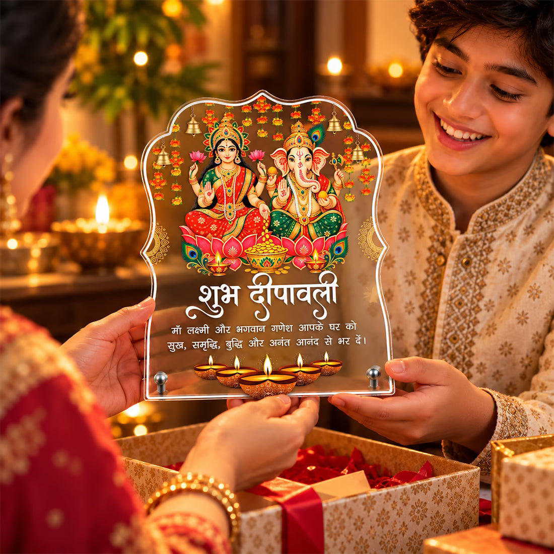 Shubh Deepavali Lakshmi Ganesh acrylic tabletop frame with marigold, bells and diya design on metal stand – Fashionury