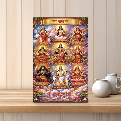 Navdurga acrylic photo frame front view with Jai Mata Di banner and metal standoff legs