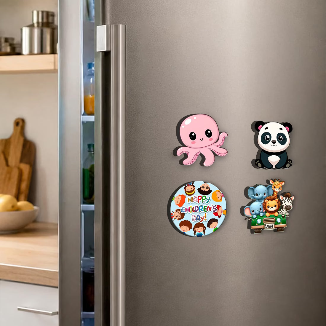 Children's Day safari animal MDF fridge magnet set of 4 with octopus, panda and safari jeep designs – Fashionury