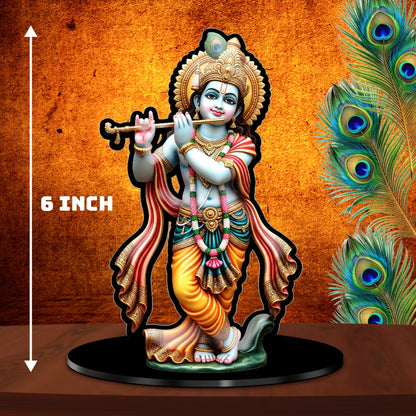 Standing Lord Krishna acrylic standee playing flute with peacock mukut on black base – Fashionury