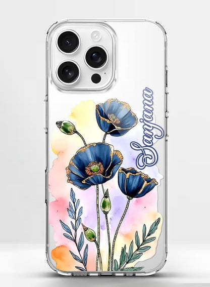 Custom name Sanjana printed on clear silicone phone cover with blue poppy watercolor floral design