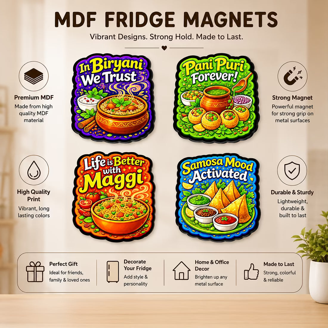 Desi foodie MDF fridge magnet set of 4 with Biryani, Pani Puri, Maggi and Samosa designs – Fashionury
