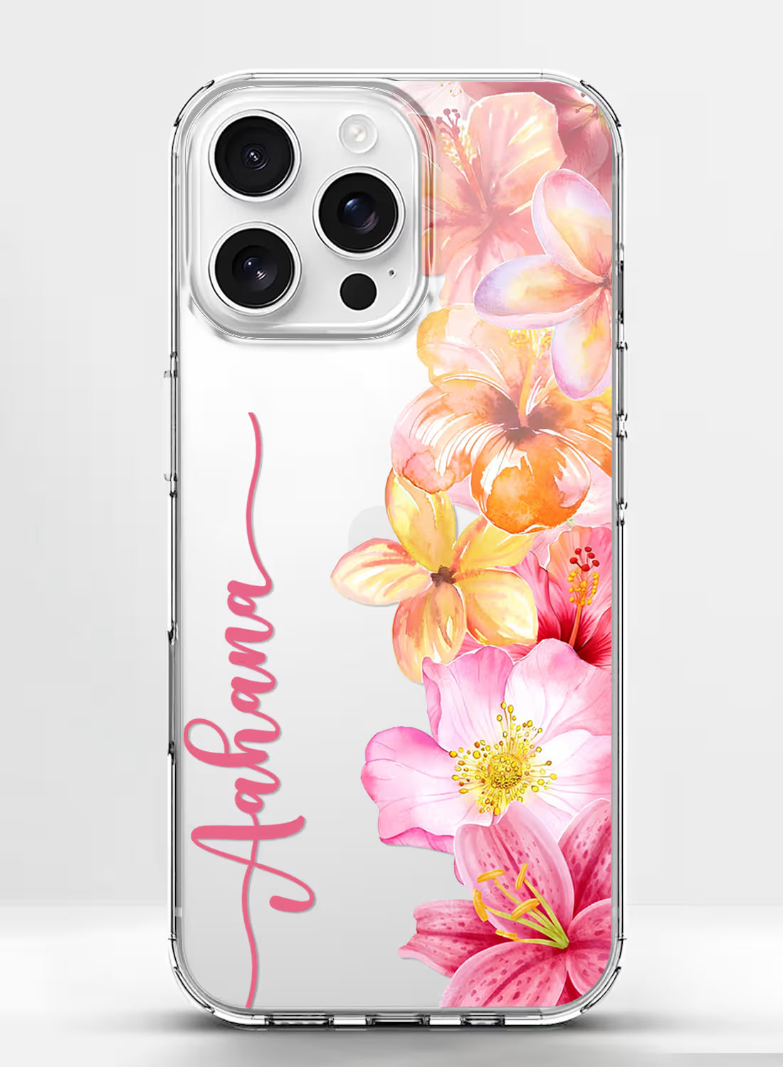 Custom name Aahana printed on clear silicone phone cover with tropical hibiscus floral design