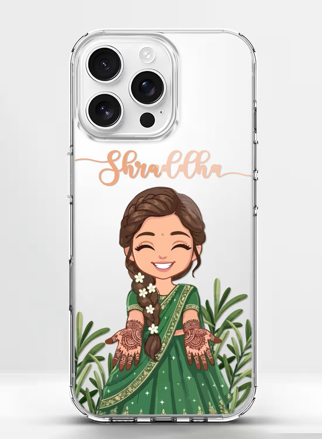 Custom UV-printed clear silicone phone cover with Indian girl in green saree, mehndi hands and script name text