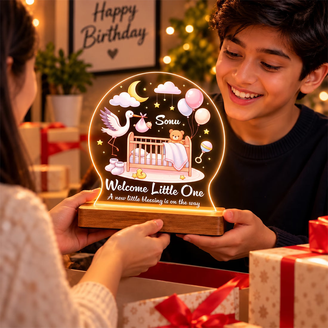 Welcome Little One personalized baby name acrylic LED night lamp with crib and stork design on wooden stand – Fashionury