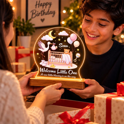 Welcome Little One personalized baby name acrylic LED night lamp with crib and stork design on wooden stand – Fashionury