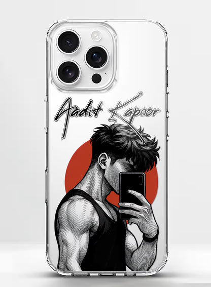 Custom name Aadit Kapoor printed on clear silicone phone cover with anime style selfie boy design