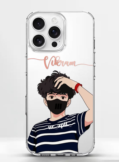 Custom UV-printed clear silicone phone cover with cool anime boy in black mask, striped tee and script name text
