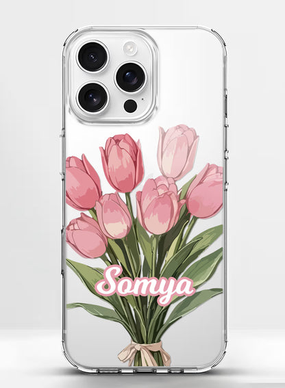 Custom clear silicone phone cover with pink tulip bouquet and personalized script name text design