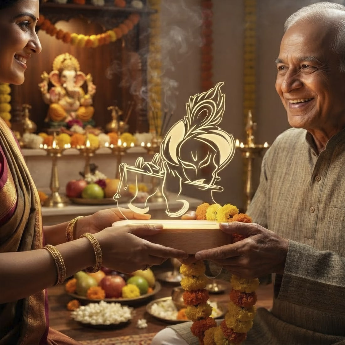 Krishna flute 3D engraved acrylic LED lamp with warm glow and rechargeable wireless wooden base – Fashionury