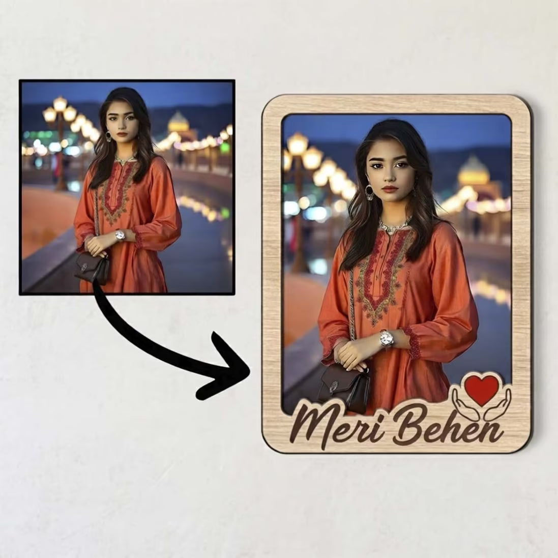 Meri Bhen custom photo wooden fridge magnet with script and red heart accent