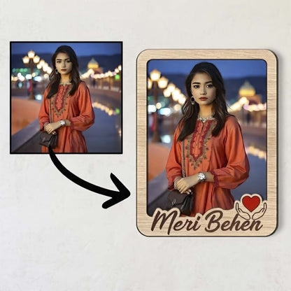 Meri Bhen custom photo wooden fridge magnet with script and red heart accent