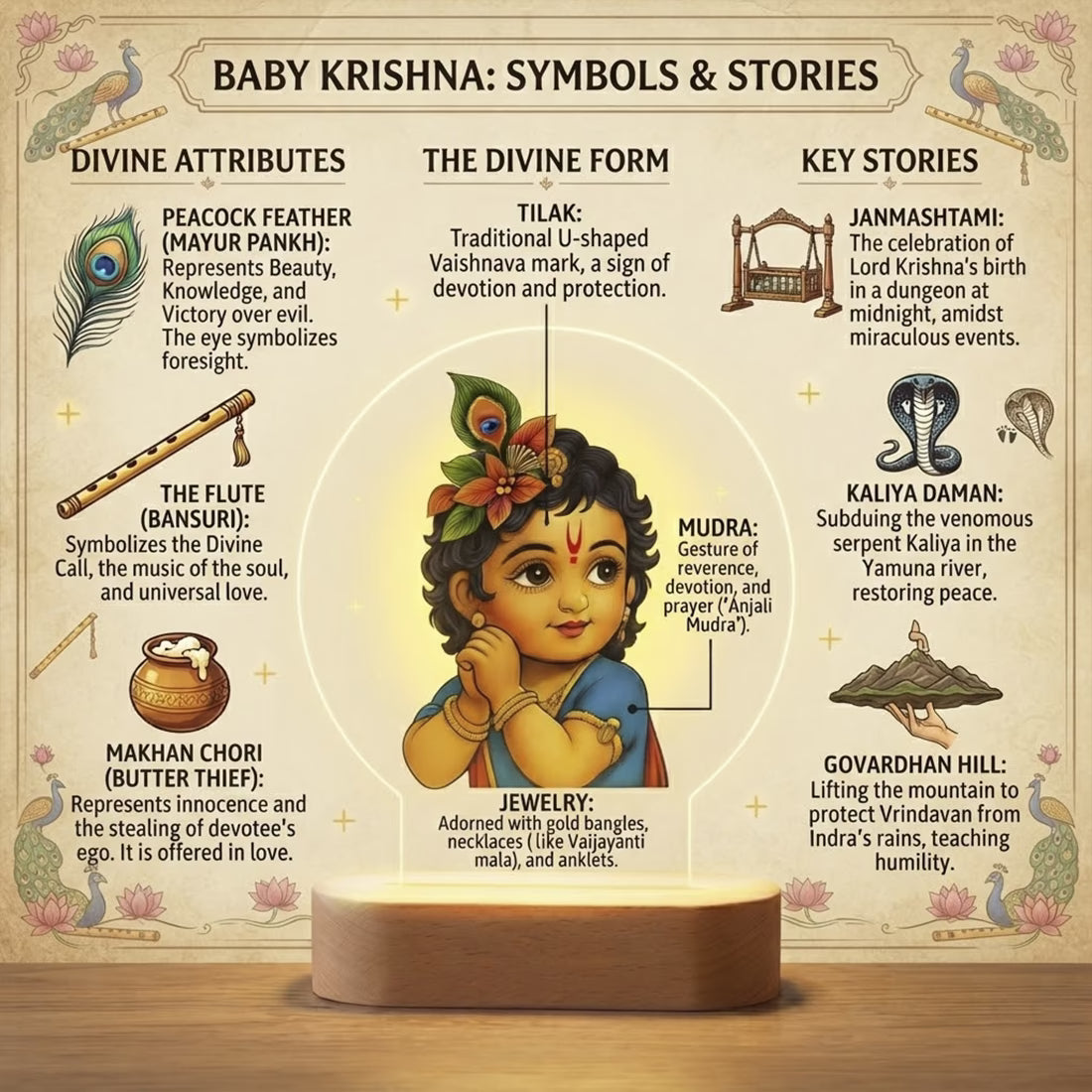 Bal Gopal Little Krishna acrylic LED night lamp with rechargeable wireless wooden base – Janmashtami gift by Fashionury