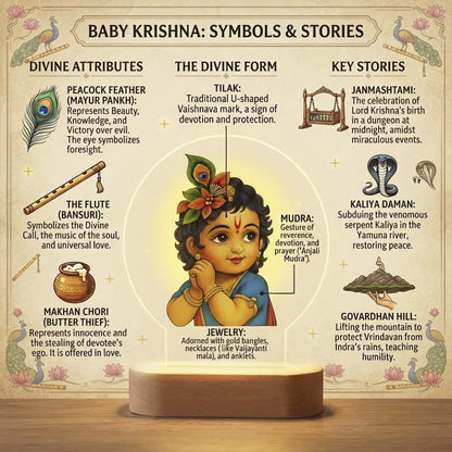 Bal Gopal Little Krishna acrylic LED night lamp with rechargeable wireless wooden base – Janmashtami gift by Fashionury
