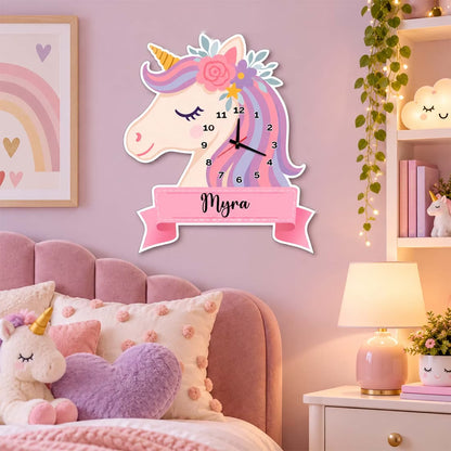 Personalized unicorn acrylic wall clock with custom name mounted on kids room wall – Fashionury
