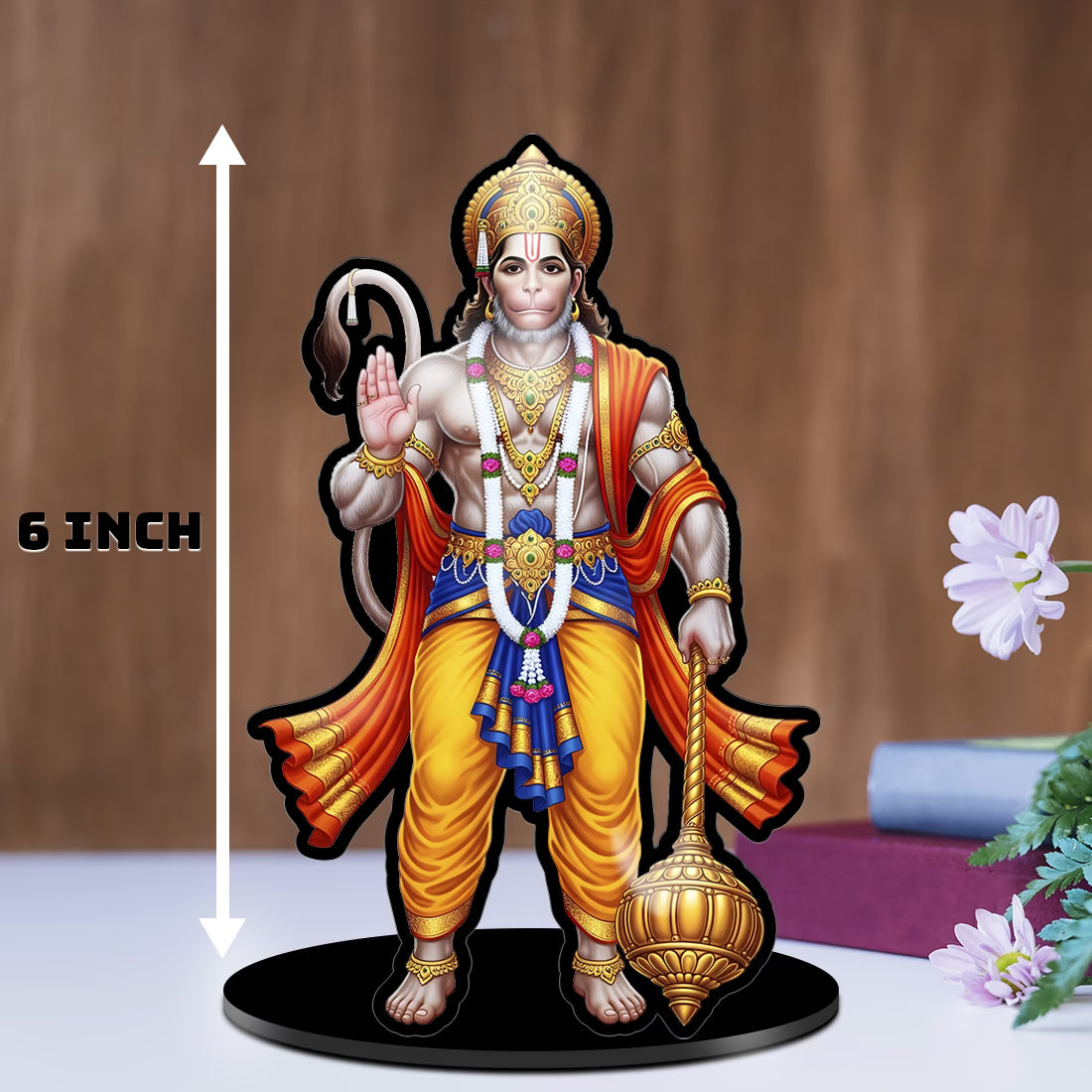 Lord Hanuman acrylic standee in blessing pose with gada and garland on black base – Fashionury