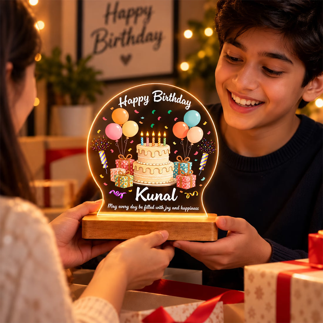 Personalized Happy Birthday acrylic LED table lamp with custom name, cake and balloons on warm glow wooden stand – Fashionury