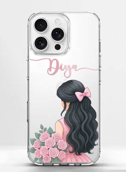 Custom UV-printed clear silicone phone cover with girl in pink dress holding rose bouquet and script name text
