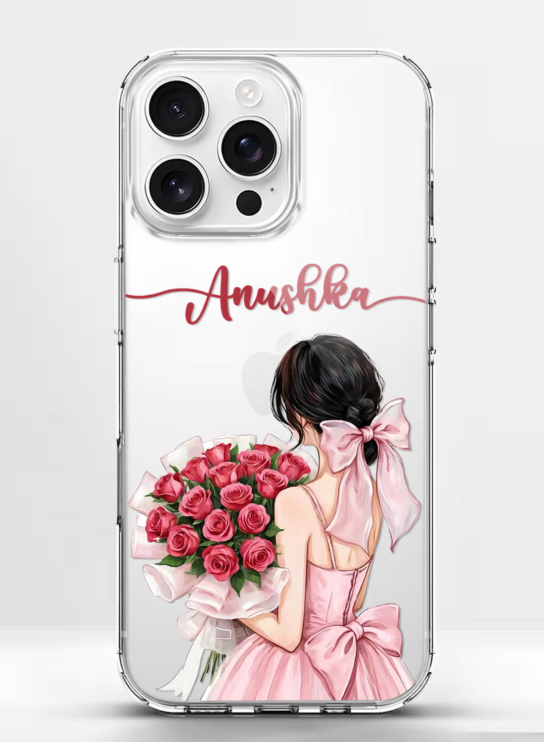 Custom name Anushka printed on clear silicone phone cover with pink rose bouquet girl design